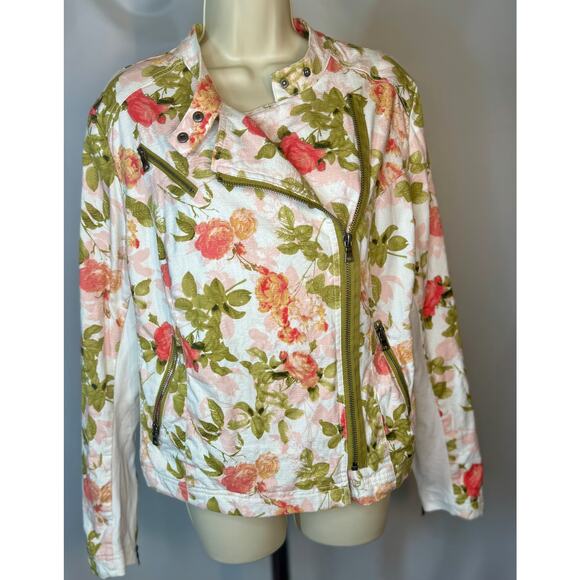 Lane Bryant Floral Moto Jacket – Ivory, Green & Pink – Size 16 - Picture 3 of 10